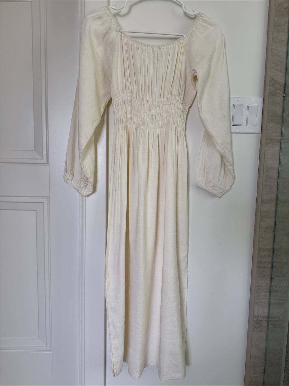 XS Onia Cream Long Sleeve Linen Smocked Midi Dress